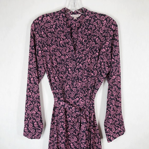 Nanette Lepore Size 6 Dress Pink Black Floral Knee Length Tie Waist Pintuck 1361 - Picture 7 of 9